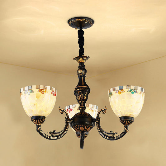 3 Lights Bowl Chandelier Light Beige Glass Traditional Pendant Lighting for Dining Room Clearhalo 'Ceiling Lights' 'Chandeliers' 'Industrial' 'Middle Century Chandeliers' 'Tiffany Chandeliers' 'Tiffany close to ceiling' 'Tiffany' Lighting' 177335