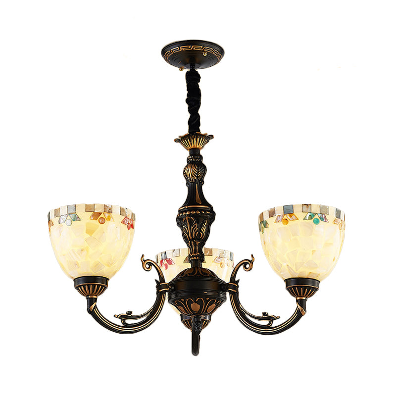 3 Lights Bowl Chandelier Light Beige Glass Traditional Pendant Lighting for Dining Room Clearhalo 'Ceiling Lights' 'Chandeliers' 'Industrial' 'Middle Century Chandeliers' 'Tiffany Chandeliers' 'Tiffany close to ceiling' 'Tiffany' Lighting' 177336
