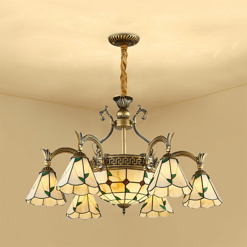Country Style Dome Pendant Light with Cone Stained Glass 9/11 Lights Chandelier Lamp in Beige Clearhalo 'Ceiling Lights' 'Chandeliers' 'Industrial' 'Middle Century Chandeliers' 'Tiffany Chandeliers' 'Tiffany close to ceiling' 'Tiffany' Lighting' 177345