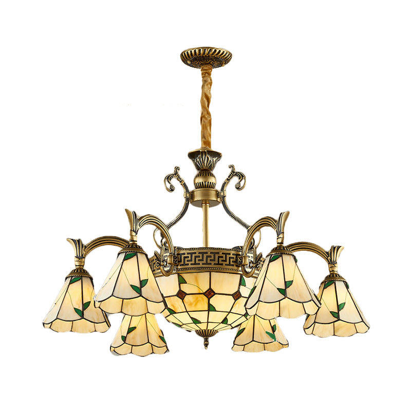 Country Style Dome Pendant Light with Cone Stained Glass 9/11 Lights Chandelier Lamp in Beige Clearhalo 'Ceiling Lights' 'Chandeliers' 'Industrial' 'Middle Century Chandeliers' 'Tiffany Chandeliers' 'Tiffany close to ceiling' 'Tiffany' Lighting' 177346