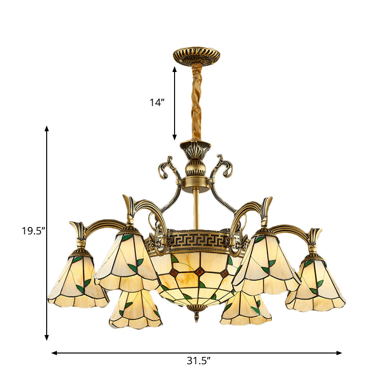 Country Style Dome Pendant Light with Cone Stained Glass 9/11 Lights Chandelier Lamp in Beige Clearhalo 'Ceiling Lights' 'Chandeliers' 'Industrial' 'Middle Century Chandeliers' 'Tiffany Chandeliers' 'Tiffany close to ceiling' 'Tiffany' Lighting' 177347