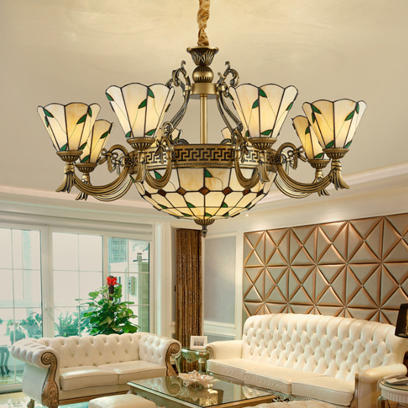 Country Style Dome Pendant Light with Cone Stained Glass 9/11 Lights Chandelier Lamp in Beige 11 Beige Clearhalo 'Ceiling Lights' 'Chandeliers' 'Industrial' 'Middle Century Chandeliers' 'Tiffany Chandeliers' 'Tiffany close to ceiling' 'Tiffany' Lighting' 177348