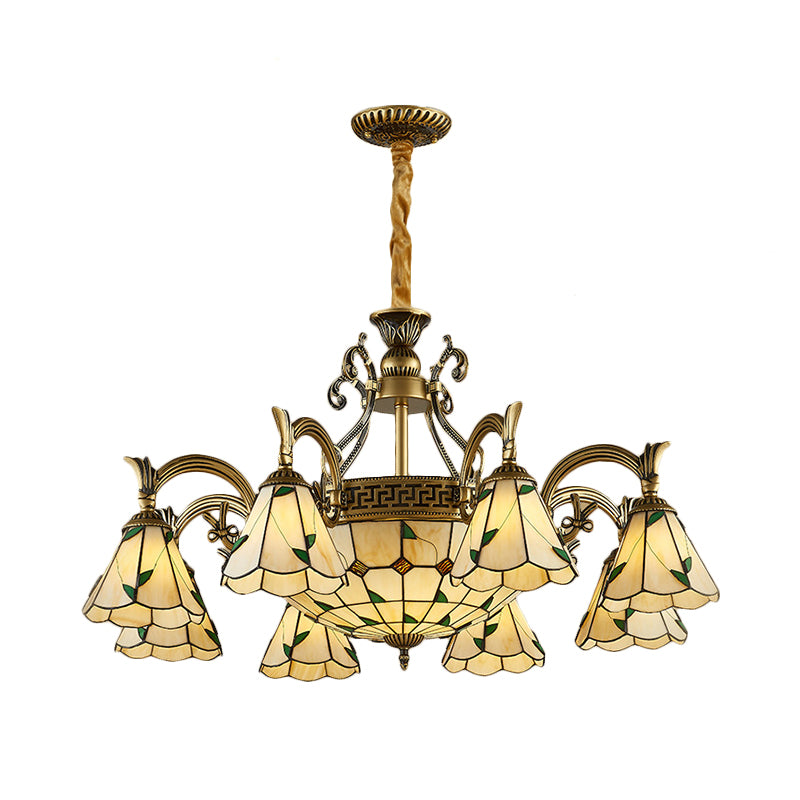 Country Style Dome Pendant Light with Cone Stained Glass 9/11 Lights Chandelier Lamp in Beige Clearhalo 'Ceiling Lights' 'Chandeliers' 'Industrial' 'Middle Century Chandeliers' 'Tiffany Chandeliers' 'Tiffany close to ceiling' 'Tiffany' Lighting' 177350
