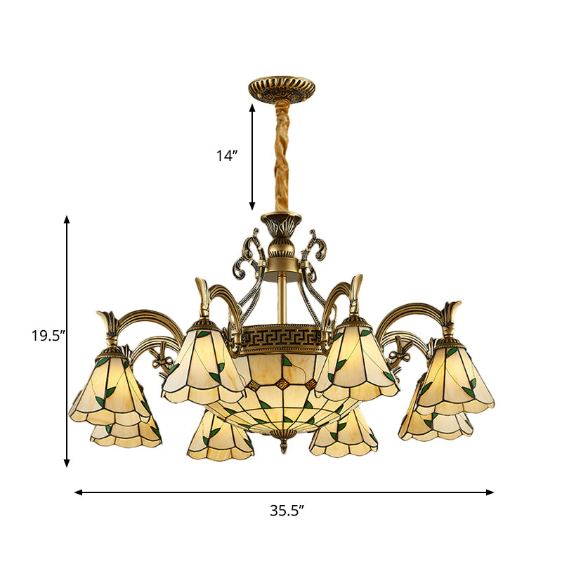 Country Style Dome Pendant Light with Cone Stained Glass 9/11 Lights Chandelier Lamp in Beige Clearhalo 'Ceiling Lights' 'Chandeliers' 'Industrial' 'Middle Century Chandeliers' 'Tiffany Chandeliers' 'Tiffany close to ceiling' 'Tiffany' Lighting' 177351