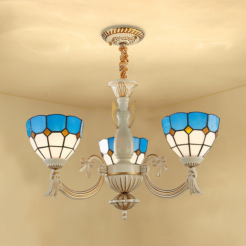 Baroque Bowl Ceiling Hanging Light with Curved Arm 3 Lights Stained Glass Chandelier in Blue Clearhalo 'Ceiling Lights' 'Chandeliers' 'Industrial' 'Middle Century Chandeliers' 'Tiffany Chandeliers' 'Tiffany close to ceiling' 'Tiffany' Lighting' 177367