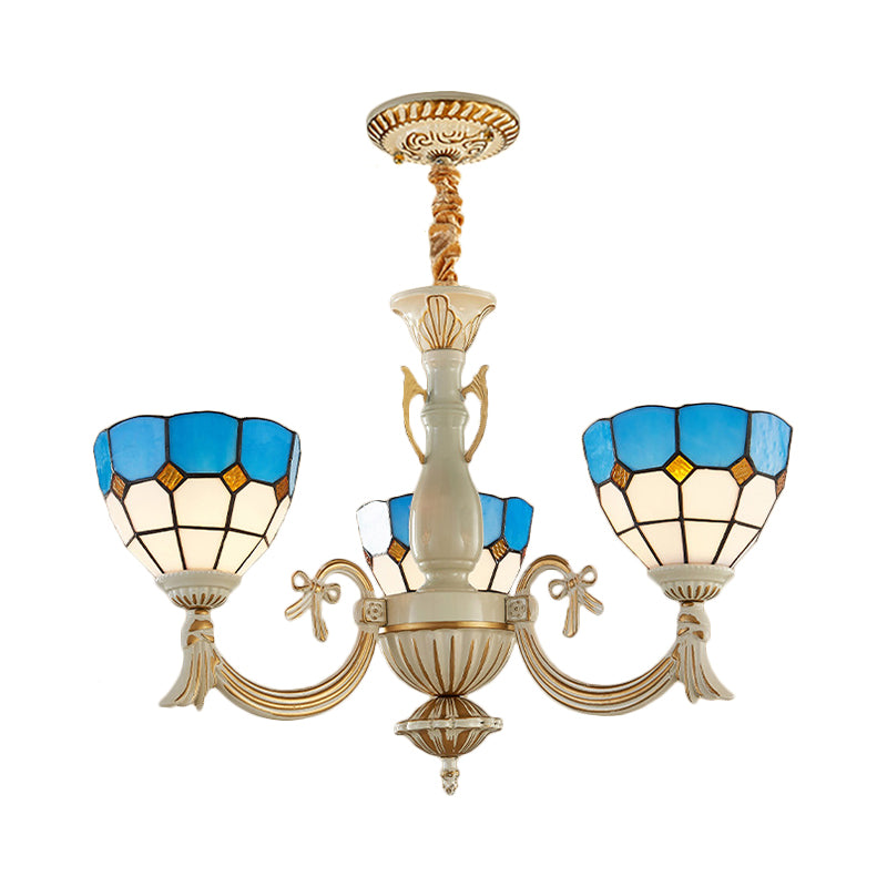 Baroque Bowl Ceiling Hanging Light with Curved Arm 3 Lights Stained Glass Chandelier in Blue Clearhalo 'Ceiling Lights' 'Chandeliers' 'Industrial' 'Middle Century Chandeliers' 'Tiffany Chandeliers' 'Tiffany close to ceiling' 'Tiffany' Lighting' 177368