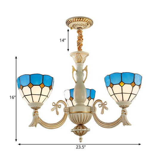 Baroque Bowl Ceiling Hanging Light with Curved Arm 3 Lights Stained Glass Chandelier in Blue Clearhalo 'Ceiling Lights' 'Chandeliers' 'Industrial' 'Middle Century Chandeliers' 'Tiffany Chandeliers' 'Tiffany close to ceiling' 'Tiffany' Lighting' 177369