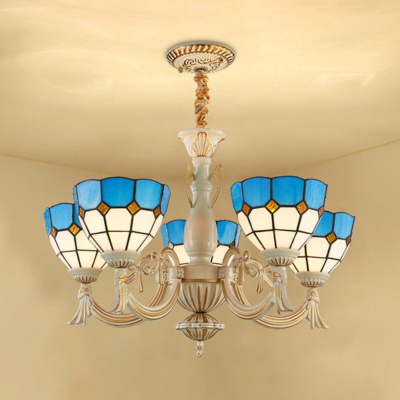 5 Lights Bowl Chandelier Light in Blue Mediterranean Glass Pendant Light for Hall Clearhalo 'Ceiling Lights' 'Chandeliers' 'Industrial' 'Middle Century Chandeliers' 'Tiffany Chandeliers' 'Tiffany close to ceiling' 'Tiffany' Lighting' 177372