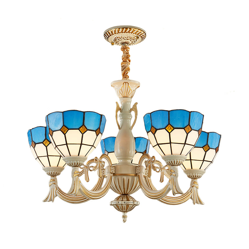 5 Lights Bowl Chandelier Light in Blue Mediterranean Glass Pendant Light for Hall Clearhalo 'Ceiling Lights' 'Chandeliers' 'Industrial' 'Middle Century Chandeliers' 'Tiffany Chandeliers' 'Tiffany close to ceiling' 'Tiffany' Lighting' 177373