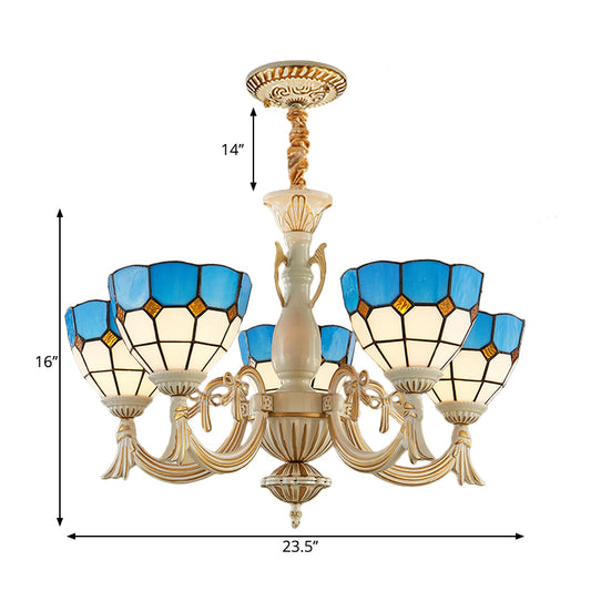 5 Lights Bowl Chandelier Light in Blue Mediterranean Glass Pendant Light for Hall Clearhalo 'Ceiling Lights' 'Chandeliers' 'Industrial' 'Middle Century Chandeliers' 'Tiffany Chandeliers' 'Tiffany close to ceiling' 'Tiffany' Lighting' 177374