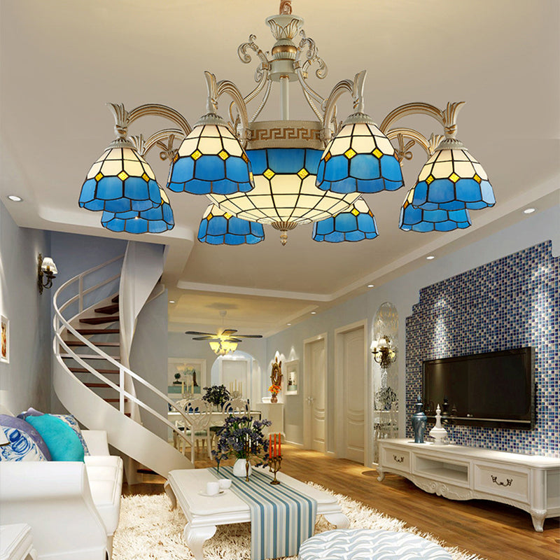 Mediterranean Domed Chandelier Lighting ,shopify 6/8 Lights Stained Glass Ceiling Lamp Blue for Bedroom 8 Blue Clearhalo 'Ceiling Lights' 'Chandeliers' 'Lighting' 177380_83b67bc3-7b6c-474f-9e37-b29193a5b954