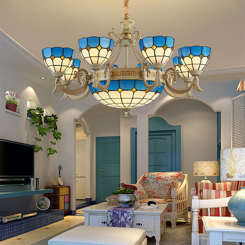 Mediterranean Domed Chandelier Lighting ,shopify 6/8 Lights Stained Glass Ceiling Lamp Blue for Bedroom Clearhalo 'Ceiling Lights' 'Chandeliers' 'Lighting' 177381_7373a387-dc19-4100-b07e-a773142ea7c7