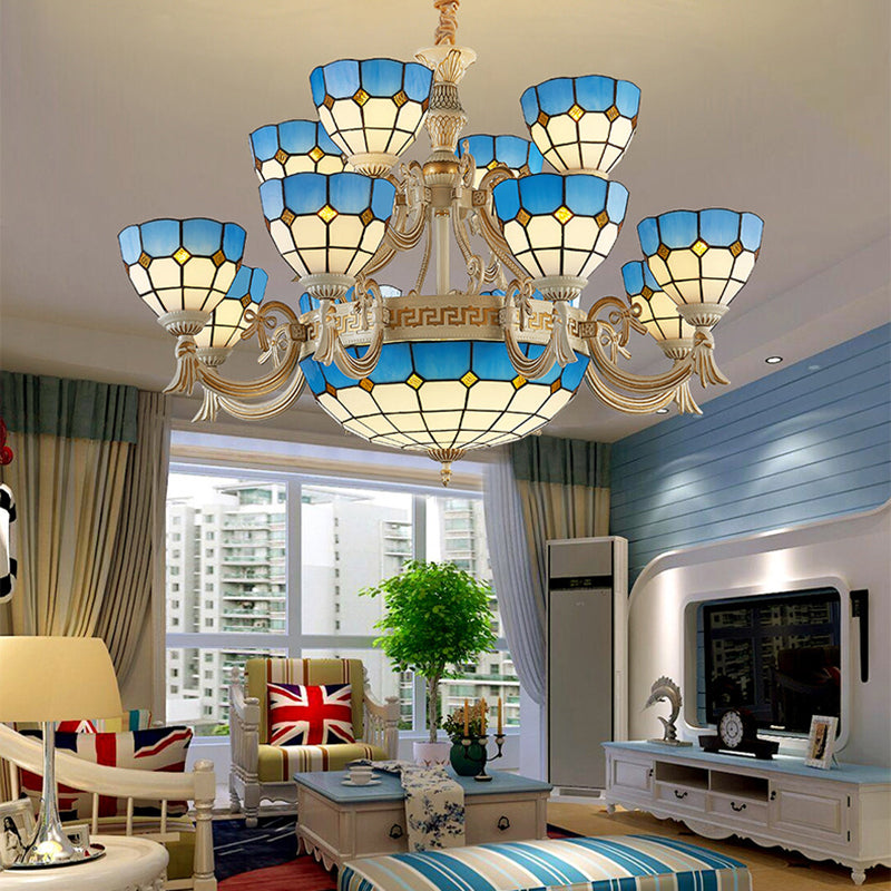 Tiered Ceiling Chandelier Tiffany Stained Glass 15 Lights Blue Hanging Light for Living Room with Curved Arm Blue Clearhalo 'Ceiling Lights' 'Chandeliers' 'Industrial' 'Middle Century Chandeliers' 'Tiffany Chandeliers' 'Tiffany close to ceiling' 'Tiffany' Lighting' 177387