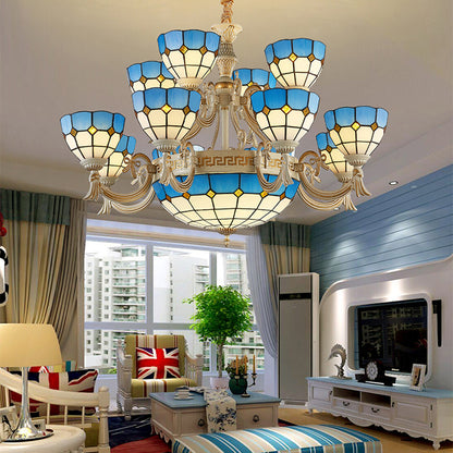 Tiered Ceiling Chandelier Tiffany Stained Glass 15 Lights Blue Hanging Light for Living Room with Curved Arm Blue Clearhalo 'Ceiling Lights' 'Chandeliers' 'Industrial' 'Middle Century Chandeliers' 'Tiffany Chandeliers' 'Tiffany close to ceiling' 'Tiffany' Lighting' 177387