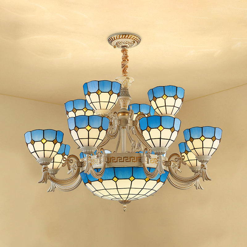 Tiered Ceiling Chandelier Tiffany Stained Glass 15 Lights Blue Hanging Light for Living Room with Curved Arm Clearhalo 'Ceiling Lights' 'Chandeliers' 'Industrial' 'Middle Century Chandeliers' 'Tiffany Chandeliers' 'Tiffany close to ceiling' 'Tiffany' Lighting' 177388