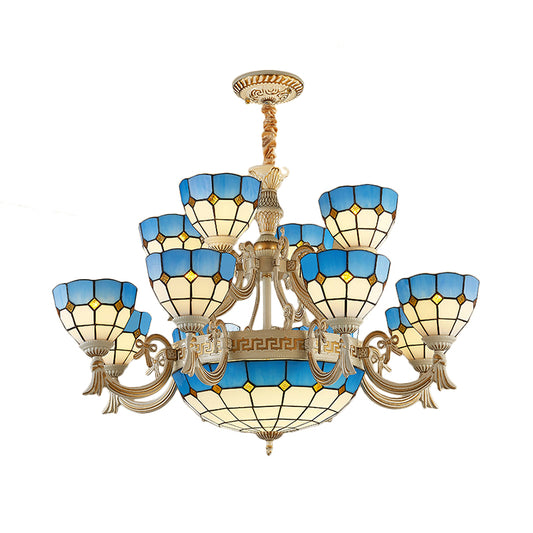 Tiered Ceiling Chandelier Tiffany Stained Glass 15 Lights Blue Hanging Light for Living Room with Curved Arm Clearhalo 'Ceiling Lights' 'Chandeliers' 'Industrial' 'Middle Century Chandeliers' 'Tiffany Chandeliers' 'Tiffany close to ceiling' 'Tiffany' Lighting' 177389