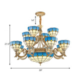 Tiered Ceiling Chandelier Tiffany Stained Glass 15 Lights Blue Hanging Light for Living Room with Curved Arm Clearhalo 'Ceiling Lights' 'Chandeliers' 'Industrial' 'Middle Century Chandeliers' 'Tiffany Chandeliers' 'Tiffany close to ceiling' 'Tiffany' Lighting' 177390