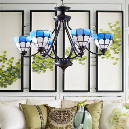 6/8 Lights Upward Chandelier Light with Bowl Shade Stained Glass Tiffany Pendant Light in Blue 6 Blue Clearhalo 'Ceiling Lights' 'Chandeliers' 'Industrial' 'Middle Century Chandeliers' 'Tiffany Chandeliers' 'Tiffany close to ceiling' 'Tiffany' Lighting' 177391