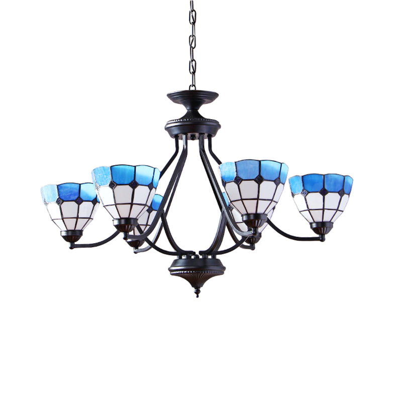 6/8 Lights Upward Chandelier Light with Bowl Shade Stained Glass Tiffany Pendant Light in Blue Clearhalo 'Ceiling Lights' 'Chandeliers' 'Industrial' 'Middle Century Chandeliers' 'Tiffany Chandeliers' 'Tiffany close to ceiling' 'Tiffany' Lighting' 177393