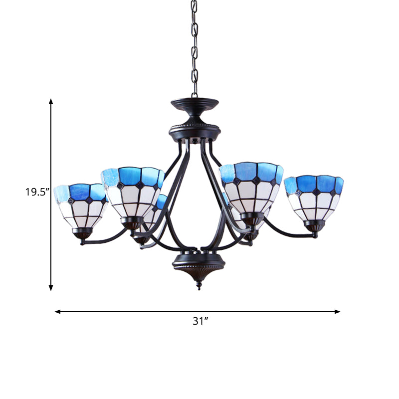 6/8 Lights Upward Chandelier Light with Bowl Shade Stained Glass Tiffany Pendant Light in Blue Clearhalo 'Ceiling Lights' 'Chandeliers' 'Industrial' 'Middle Century Chandeliers' 'Tiffany Chandeliers' 'Tiffany close to ceiling' 'Tiffany' Lighting' 177394
