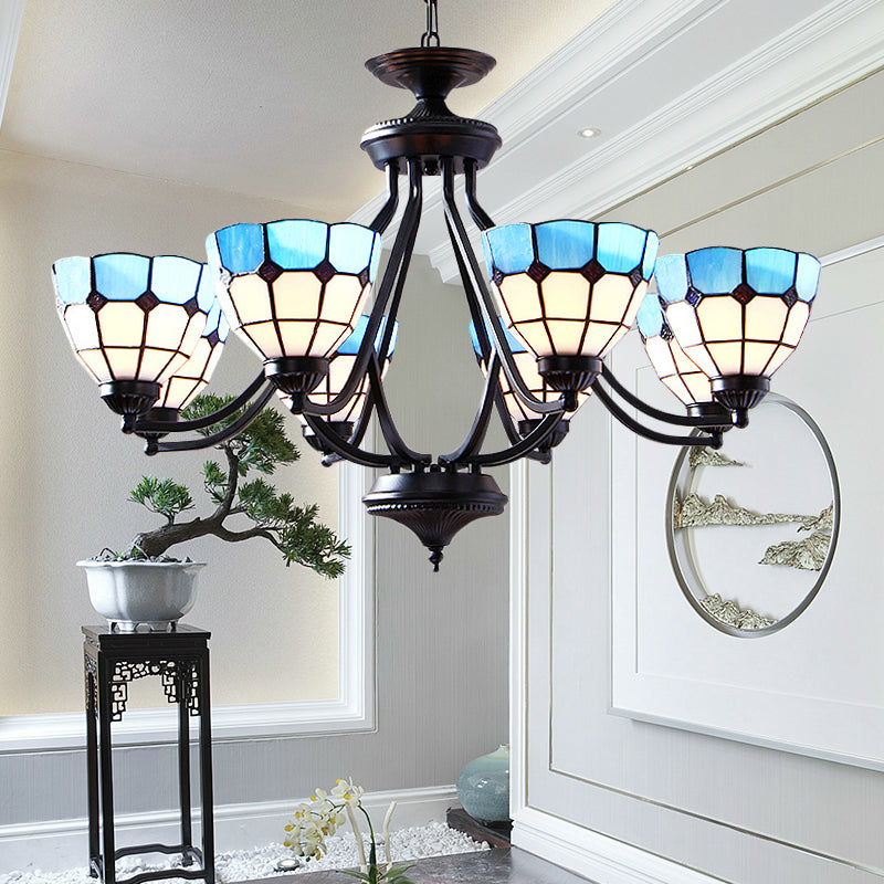 6/8 Lights Upward Chandelier Light with Bowl Shade Stained Glass Tiffany Pendant Light in Blue 8 Blue Clearhalo 'Ceiling Lights' 'Chandeliers' 'Industrial' 'Middle Century Chandeliers' 'Tiffany Chandeliers' 'Tiffany close to ceiling' 'Tiffany' Lighting' 177395