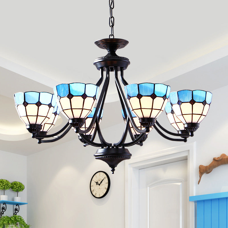 6/8 Lights Upward Chandelier Light with Bowl Shade Stained Glass Tiffany Pendant Light in Blue Clearhalo 'Ceiling Lights' 'Chandeliers' 'Industrial' 'Middle Century Chandeliers' 'Tiffany Chandeliers' 'Tiffany close to ceiling' 'Tiffany' Lighting' 177396