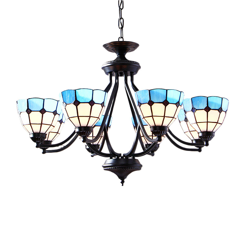 6/8 Lights Upward Chandelier Light with Bowl Shade Stained Glass Tiffany Pendant Light in Blue Clearhalo 'Ceiling Lights' 'Chandeliers' 'Industrial' 'Middle Century Chandeliers' 'Tiffany Chandeliers' 'Tiffany close to ceiling' 'Tiffany' Lighting' 177397