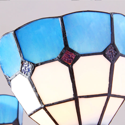 6/8 Lights Upward Chandelier Light with Bowl Shade Stained Glass Tiffany Pendant Light in Blue Clearhalo 'Ceiling Lights' 'Chandeliers' 'Industrial' 'Middle Century Chandeliers' 'Tiffany Chandeliers' 'Tiffany close to ceiling' 'Tiffany' Lighting' 177399
