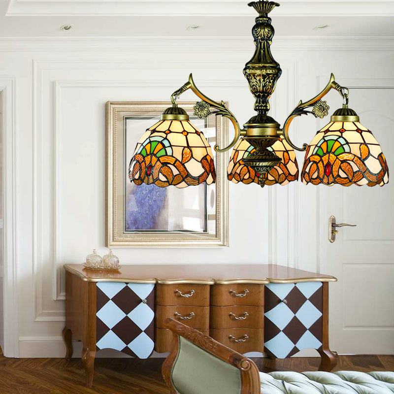 Stained Glass Domed Pendant Lamp Baroque Style 3 Lights Hanging Light in Antique Brass Antique Brass Clearhalo 'Ceiling Lights' 'Chandeliers' 'Industrial' 'Middle Century Chandeliers' 'Tiffany Chandeliers' 'Tiffany close to ceiling' 'Tiffany' Lighting' 177409
