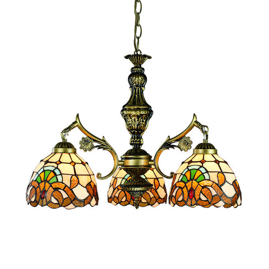 Stained Glass Domed Pendant Lamp Baroque Style 3 Lights Hanging Light in Antique Brass Clearhalo 'Ceiling Lights' 'Chandeliers' 'Industrial' 'Middle Century Chandeliers' 'Tiffany Chandeliers' 'Tiffany close to ceiling' 'Tiffany' Lighting' 177411