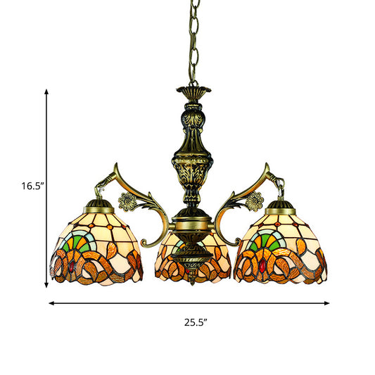 Stained Glass Domed Pendant Lamp Baroque Style 3 Lights Hanging Light in Antique Brass Clearhalo 'Ceiling Lights' 'Chandeliers' 'Industrial' 'Middle Century Chandeliers' 'Tiffany Chandeliers' 'Tiffany close to ceiling' 'Tiffany' Lighting' 177412
