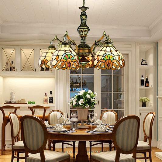 Victorian Dome Chandelier Lighting Stained Glass 5 Lights Indoor Lighting for Dining Table Clearhalo 'Ceiling Lights' 'Chandeliers' 'Industrial' 'Middle Century Chandeliers' 'Tiffany Chandeliers' 'Tiffany close to ceiling' 'Tiffany' Lighting' 177414
