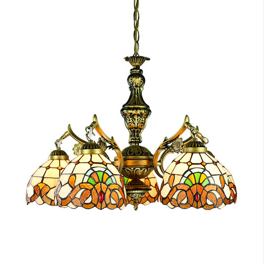Victorian Dome Chandelier Lighting Stained Glass 5 Lights Indoor Lighting for Dining Table Clearhalo 'Ceiling Lights' 'Chandeliers' 'Industrial' 'Middle Century Chandeliers' 'Tiffany Chandeliers' 'Tiffany close to ceiling' 'Tiffany' Lighting' 177415