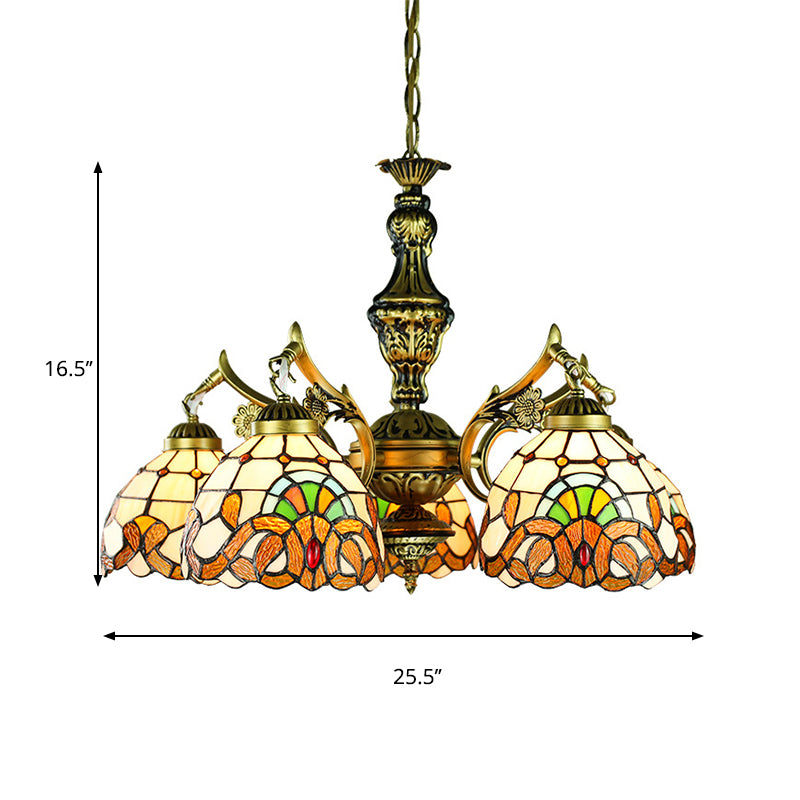 Victorian Dome Chandelier Lighting Stained Glass 5 Lights Indoor Lighting for Dining Table Clearhalo 'Ceiling Lights' 'Chandeliers' 'Industrial' 'Middle Century Chandeliers' 'Tiffany Chandeliers' 'Tiffany close to ceiling' 'Tiffany' Lighting' 177416