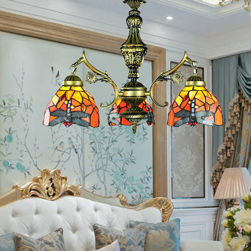 Lodge Dragonfly Ceiling Pendant 3 Lights Stained Glass Chandelier Light for Dining Room Orange Clearhalo 'Ceiling Lights' 'Chandeliers' 'Industrial' 'Middle Century Chandeliers' 'Tiffany Chandeliers' 'Tiffany close to ceiling' 'Tiffany' Lighting' 177417