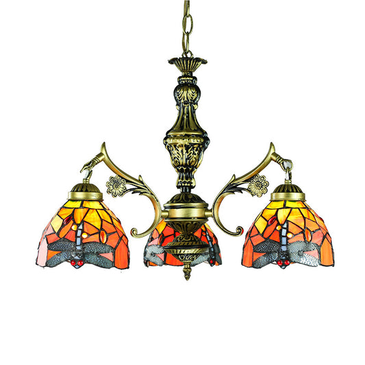 Lodge Dragonfly Ceiling Pendant 3 Lights Stained Glass Chandelier Light for Dining Room Clearhalo 'Ceiling Lights' 'Chandeliers' 'Industrial' 'Middle Century Chandeliers' 'Tiffany Chandeliers' 'Tiffany close to ceiling' 'Tiffany' Lighting' 177419