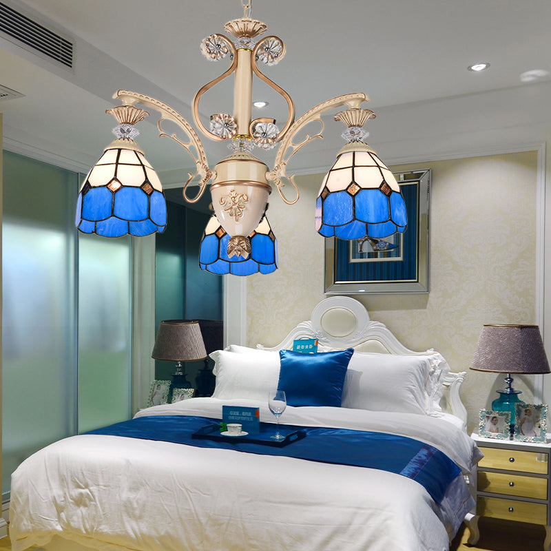 Blue Glass Dome Chandelier with Adjustable Chain 3 Lights Pendant Lighting for Foyer Blue Clearhalo 'Ceiling Lights' 'Chandeliers' 'Industrial' 'Middle Century Chandeliers' 'Tiffany Chandeliers' 'Tiffany close to ceiling' 'Tiffany' Lighting' 177428
