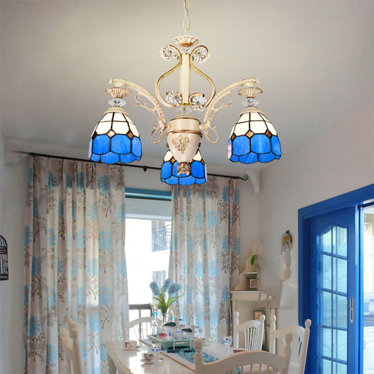 Blue Glass Dome Chandelier with Adjustable Chain 3 Lights Pendant Lighting for Foyer Clearhalo 'Ceiling Lights' 'Chandeliers' 'Industrial' 'Middle Century Chandeliers' 'Tiffany Chandeliers' 'Tiffany close to ceiling' 'Tiffany' Lighting' 177429