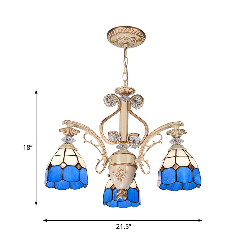 Blue Glass Dome Chandelier with Adjustable Chain 3 Lights Pendant Lighting for Foyer Clearhalo 'Ceiling Lights' 'Chandeliers' 'Industrial' 'Middle Century Chandeliers' 'Tiffany Chandeliers' 'Tiffany close to ceiling' 'Tiffany' Lighting' 177431