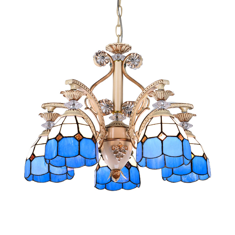 Mediterranean Indoor Pendant Light with Dome Shade Stained Glass 5 Lights Chandelier in Blue Clearhalo 'Ceiling Lights' 'Chandeliers' 'Industrial' 'Middle Century Chandeliers' 'Tiffany Chandeliers' 'Tiffany close to ceiling' 'Tiffany' Lighting' 177434