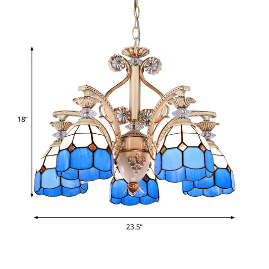 Mediterranean Indoor Pendant Light with Dome Shade Stained Glass 5 Lights Chandelier in Blue Clearhalo 'Ceiling Lights' 'Chandeliers' 'Industrial' 'Middle Century Chandeliers' 'Tiffany Chandeliers' 'Tiffany close to ceiling' 'Tiffany' Lighting' 177435
