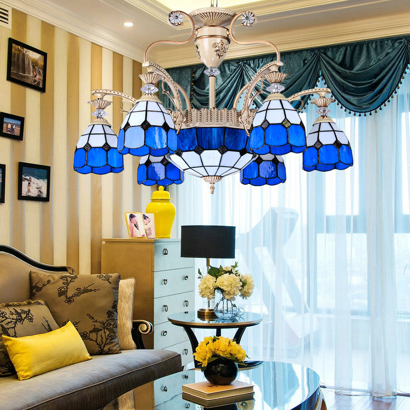9-Light Chandelier Lighting Tiffany Grid Patterned Stained Glass Ceiling Lamp in Blue Blue Clearhalo 'Ceiling Lights' 'Chandeliers' 'Industrial' 'Middle Century Chandeliers' 'Tiffany Chandeliers' 'Tiffany close to ceiling' 'Tiffany' Lighting' 177436