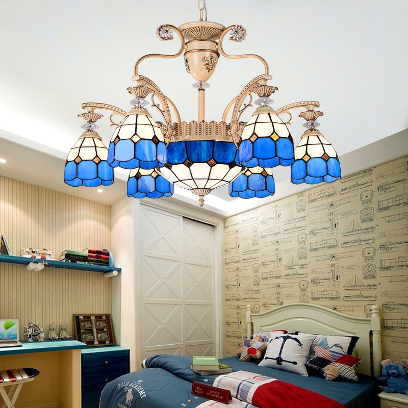 9-Light Chandelier Lighting Tiffany Grid Patterned Stained Glass Ceiling Lamp in Blue Clearhalo 'Ceiling Lights' 'Chandeliers' 'Industrial' 'Middle Century Chandeliers' 'Tiffany Chandeliers' 'Tiffany close to ceiling' 'Tiffany' Lighting' 177437