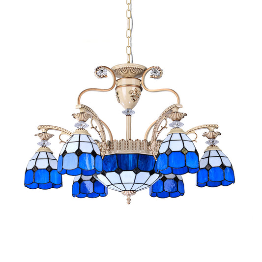9-Light Chandelier Lighting Tiffany Grid Patterned Stained Glass Ceiling Lamp in Blue Clearhalo 'Ceiling Lights' 'Chandeliers' 'Industrial' 'Middle Century Chandeliers' 'Tiffany Chandeliers' 'Tiffany close to ceiling' 'Tiffany' Lighting' 177438