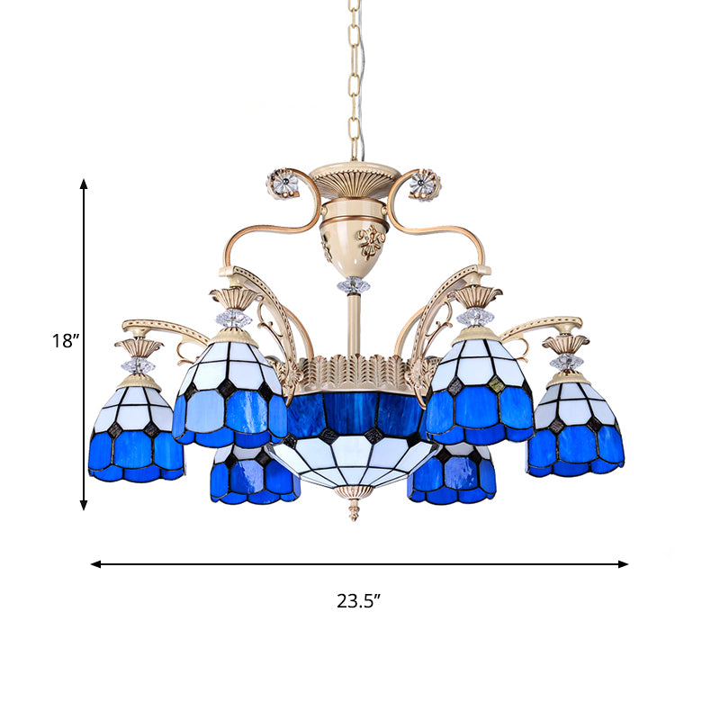9-Light Chandelier Lighting Tiffany Grid Patterned Stained Glass Ceiling Lamp in Blue Clearhalo 'Ceiling Lights' 'Chandeliers' 'Industrial' 'Middle Century Chandeliers' 'Tiffany Chandeliers' 'Tiffany close to ceiling' 'Tiffany' Lighting' 177439