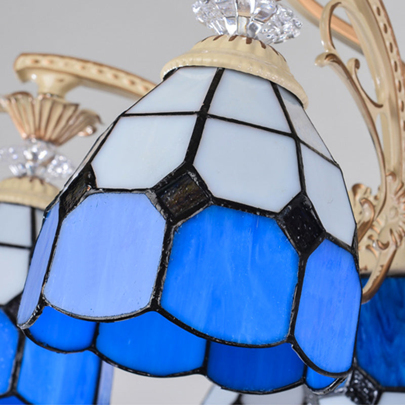 9-Light Chandelier Lighting Tiffany Grid Patterned Stained Glass Ceiling Lamp in Blue Clearhalo 'Ceiling Lights' 'Chandeliers' 'Industrial' 'Middle Century Chandeliers' 'Tiffany Chandeliers' 'Tiffany close to ceiling' 'Tiffany' Lighting' 177440