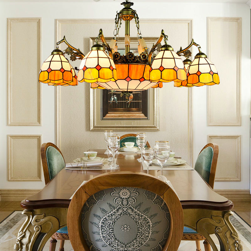 3/5/9/11 Lights Vintage Semi Globe Hanging Ceiling Light Stained Glass Indoor Lighting in Yellow for Library Clearhalo 'Ceiling Lights' 'Chandeliers' 'Close To Ceiling Lights' 'Industrial' 'Middle Century Chandeliers' 'Tiffany Chandeliers' 'Tiffany close to ceiling' 'Tiffany' Lighting' 177448