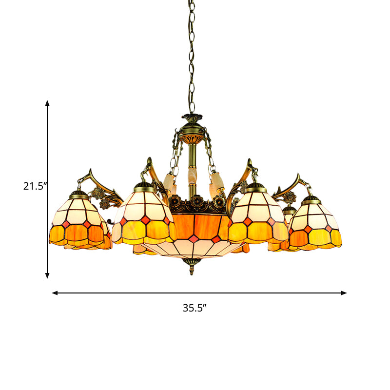 3/5/9/11 Lights Vintage Semi Globe Hanging Ceiling Light Stained Glass Indoor Lighting in Yellow for Library Clearhalo 'Ceiling Lights' 'Chandeliers' 'Close To Ceiling Lights' 'Industrial' 'Middle Century Chandeliers' 'Tiffany Chandeliers' 'Tiffany close to ceiling' 'Tiffany' Lighting' 177450