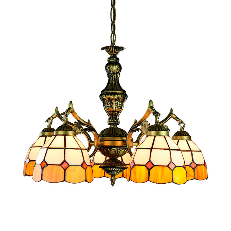 3/5/9/11 Lights Vintage Semi Globe Hanging Ceiling Light Stained Glass Indoor Lighting in Yellow for Library Clearhalo 'Ceiling Lights' 'Chandeliers' 'Close To Ceiling Lights' 'Industrial' 'Middle Century Chandeliers' 'Tiffany Chandeliers' 'Tiffany close to ceiling' 'Tiffany' Lighting' 177452