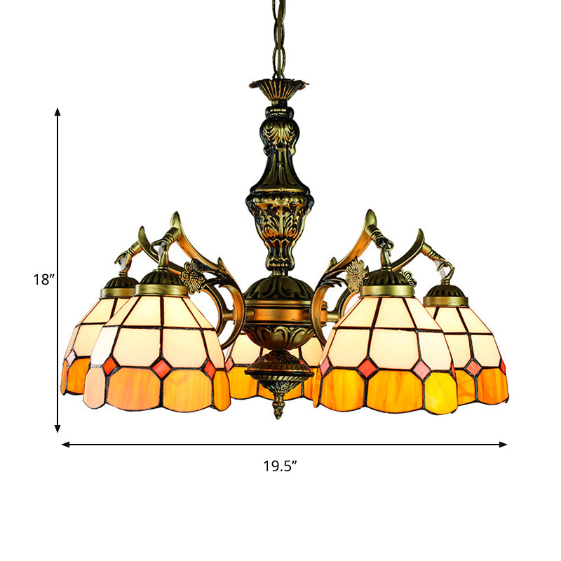 3/5/9/11 Lights Vintage Semi Globe Hanging Ceiling Light Stained Glass Indoor Lighting in Yellow for Library Clearhalo 'Ceiling Lights' 'Chandeliers' 'Close To Ceiling Lights' 'Industrial' 'Middle Century Chandeliers' 'Tiffany Chandeliers' 'Tiffany close to ceiling' 'Tiffany' Lighting' 177453